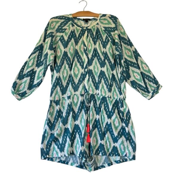 J. Crew Patterned Romper Button Front Green White 100% Cotton Pockets Women's L - Picture 1 of 8